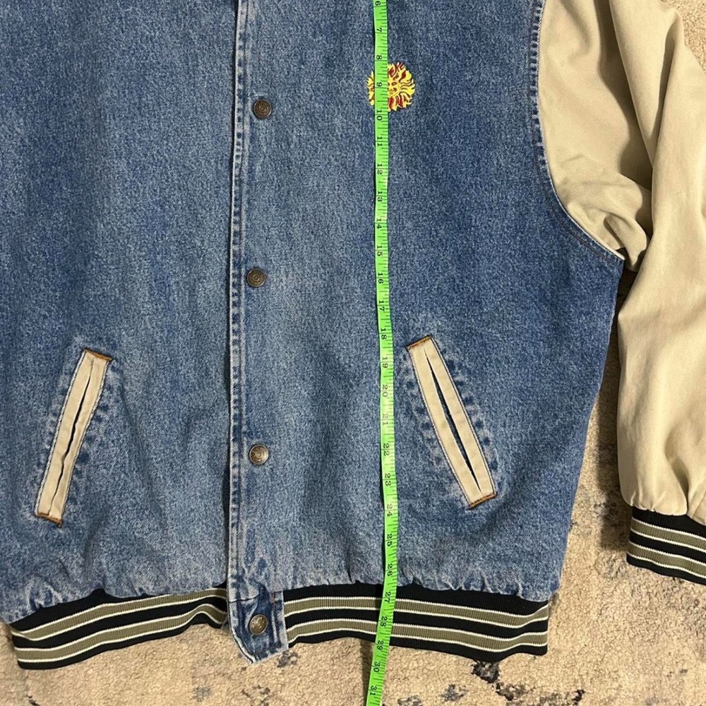 Vintage Denim Varsity Jacket with Beige Sleeves - Picture 7 of 8